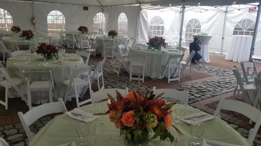 Outdoor wedding ceremony, white wedding tent, folding chairs, Richmond Wedding Tent, Fredericksburg Virginia Wedding Tent, Home Wedding, At Home Wedding, Tent Rental, Rent a Tent, Backyard Wedding, Tables, Chairs, Linens, DIY Wedding, Stage