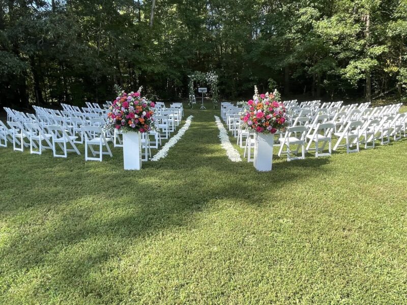 Wedding ceremony, outdoor ceremony, folding chairs, chair rental, white wedding chairs, Richmond Wedding Tent, Fredericksburg Virginia Wedding Tent, Home Wedding, At Home Wedding, Tent Rental, Rent a Tent, Backyard Wedding, Tables, Chairs, Linens, DIY Wedding, Stage